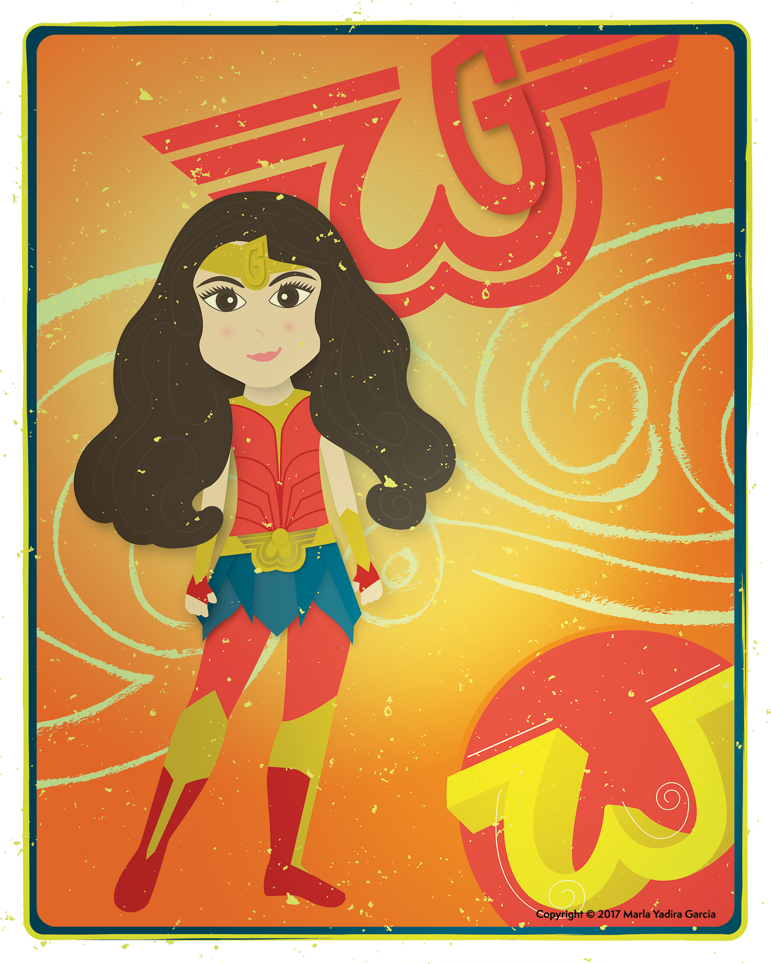 Kids Illustration, Colorful, Fun, Wonder Girl, Wonder Woman Inspired, Hand Lettering Design, Bright Colors, Swirls