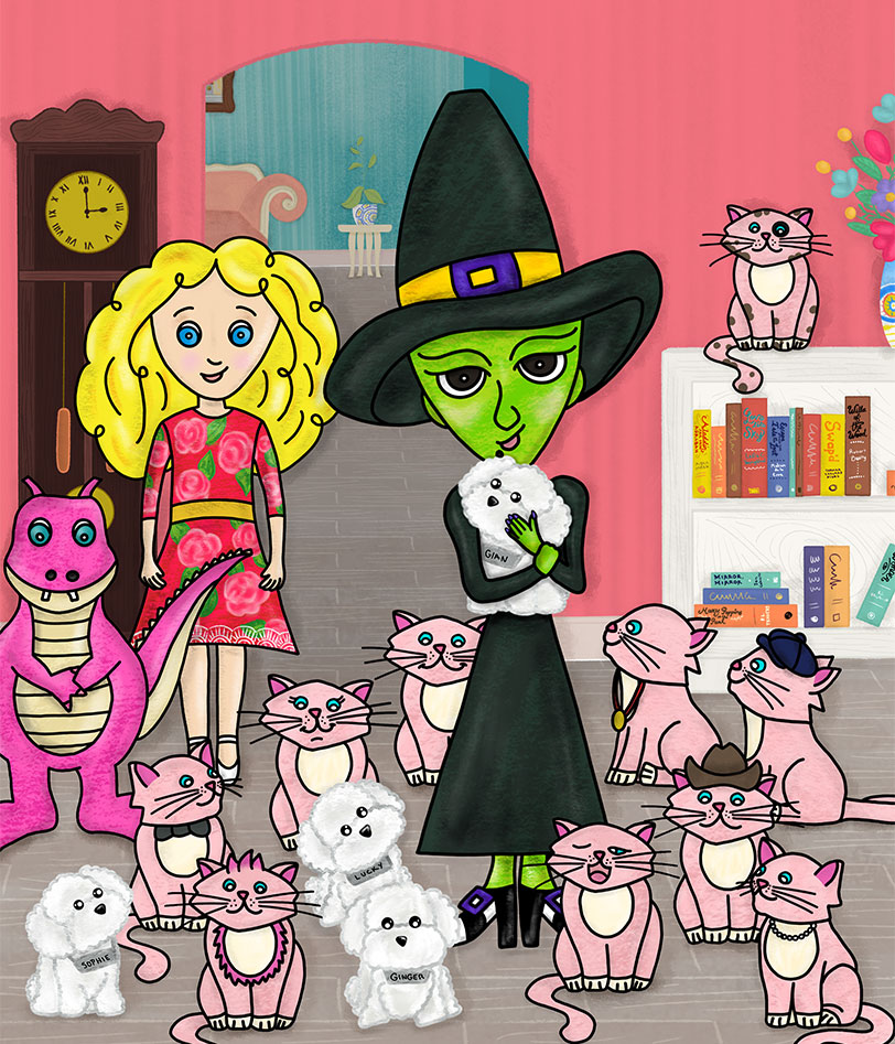 Baby Liza & the Ten Tiny Kittens at Christmas Green Witch, Main Baby Girl Character, Pink Dragon, Cats, Puppies - Childrens book illustration