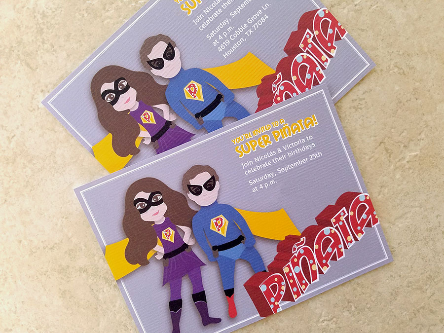 Birthday Party Invitations Invitation design, illustration, piñata kid party invitation, super heroes characters, boy and girl heroes illustration