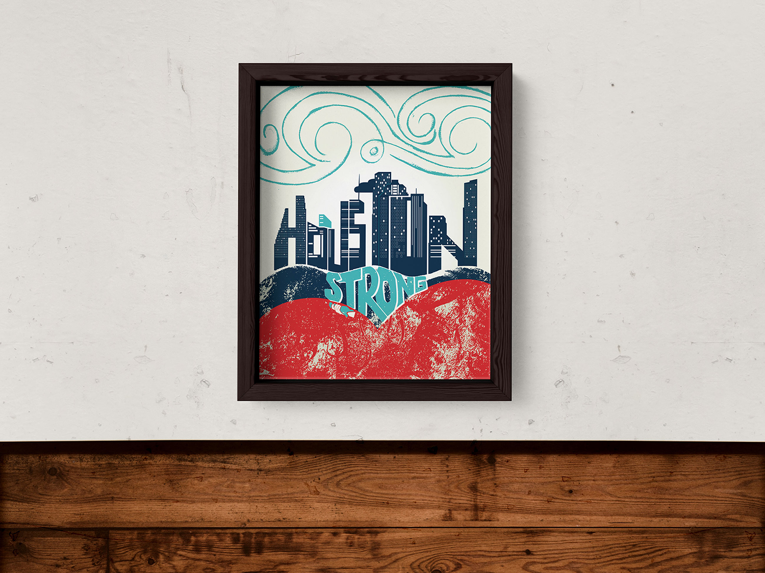Houston Strong Art Illustration, Wind Swirls, Downtown Houston Lettering Illustration