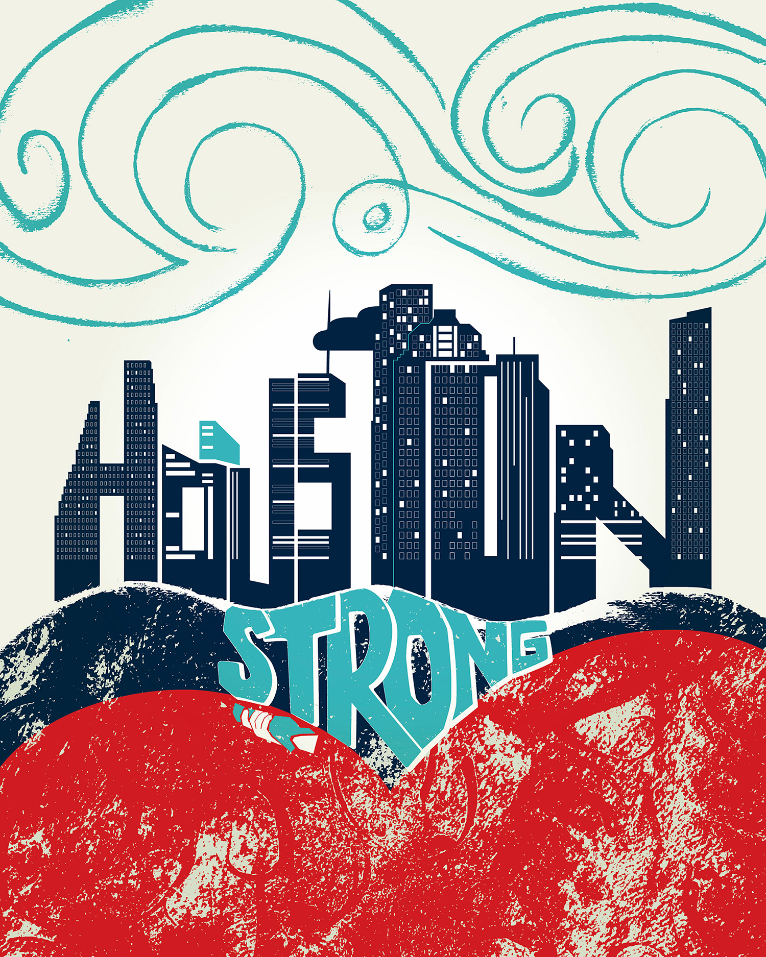 Houston Strong Art Illustration, Wind Swirls, Downtown Houston Lettering Illustration